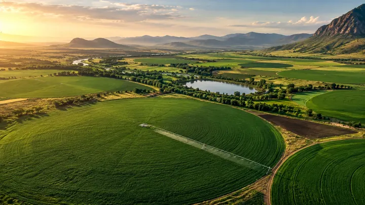 Agricultural fields and waterways across a green landscape