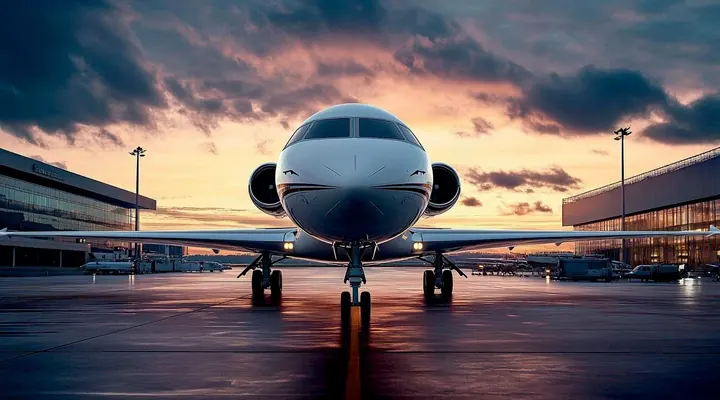 Aircraft at an airport terminal at dusk