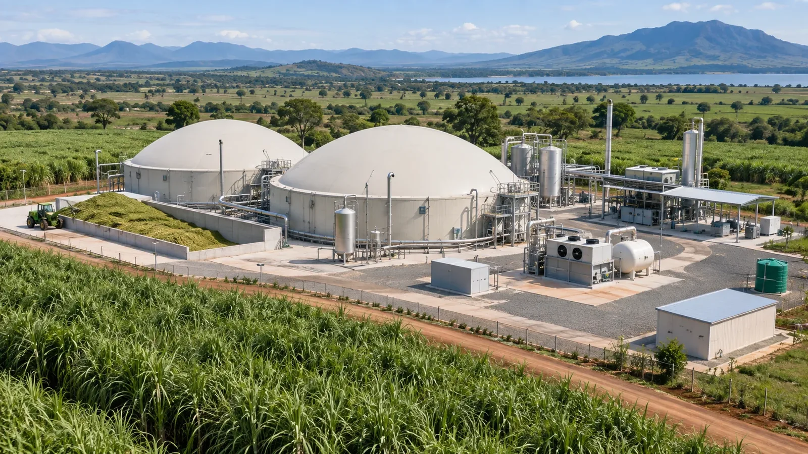 Biogas plant surrounded by farmland