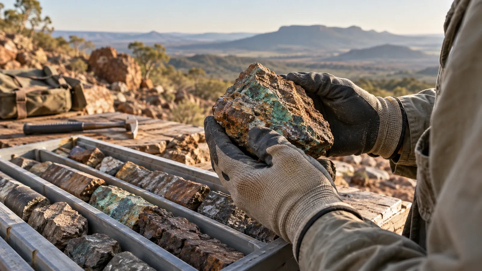 Geologist examining mineralised rock beside core trays