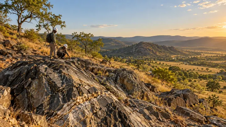 Geologist surveying rock outcrops in open terrain