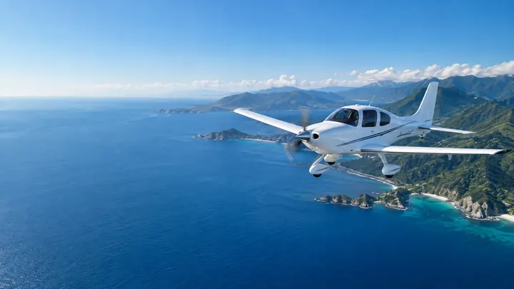 Light aircraft over a blue coastal landscape