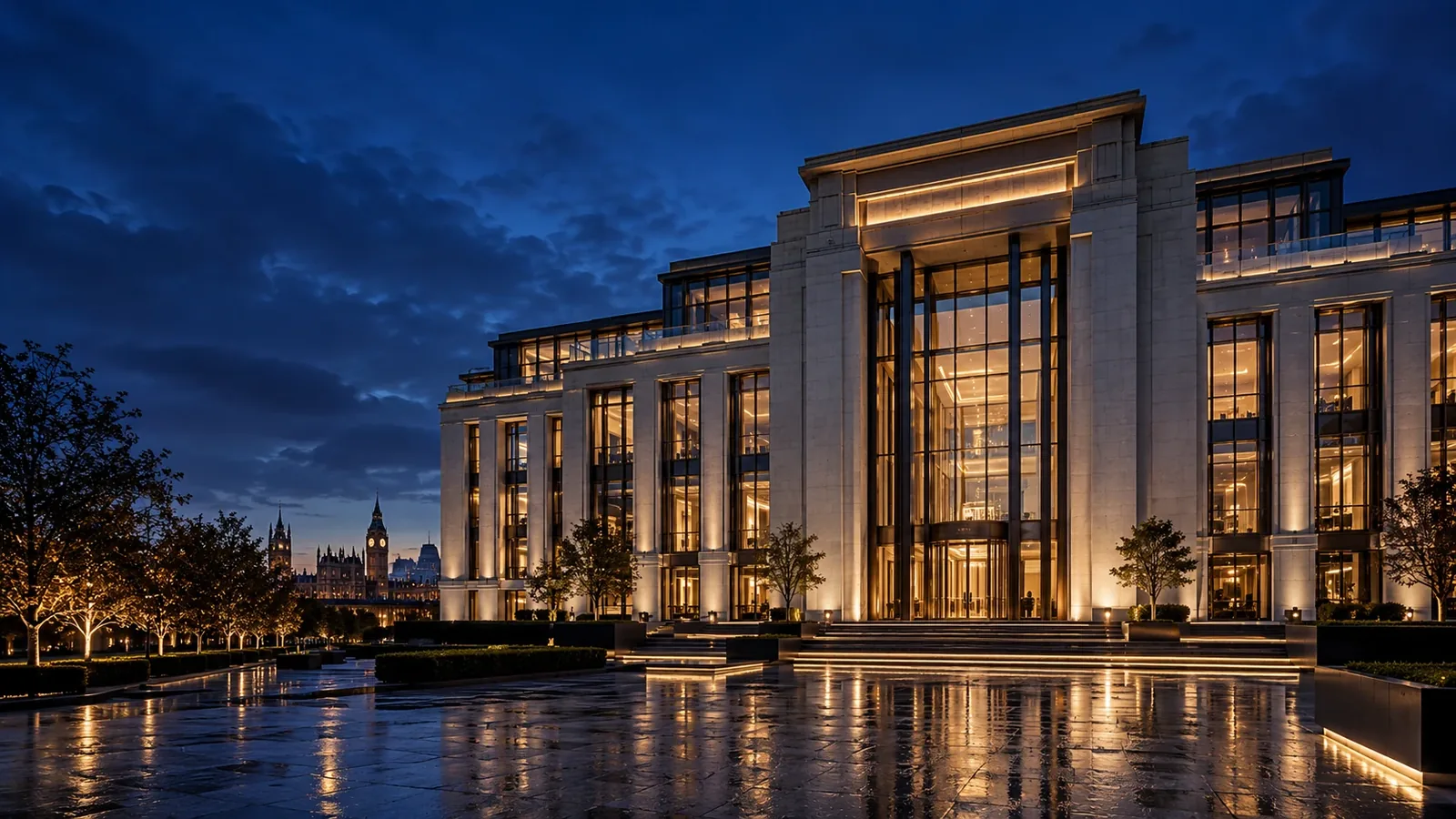 Corporate building exterior at dusk