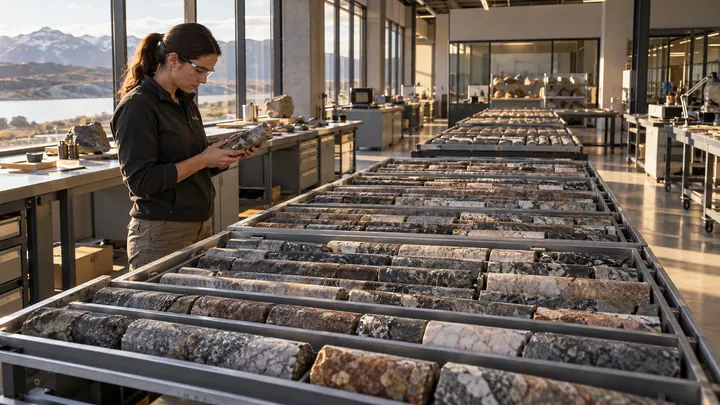 Geologists reviewing labelled mineral core samples