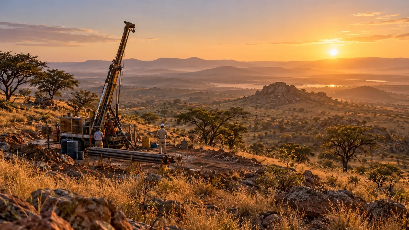 Exploration drilling rig in a mineral landscape