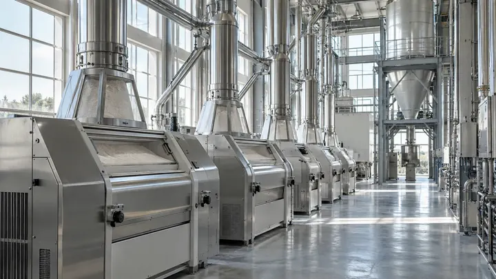 Stainless-steel processing equipment inside a grain facility