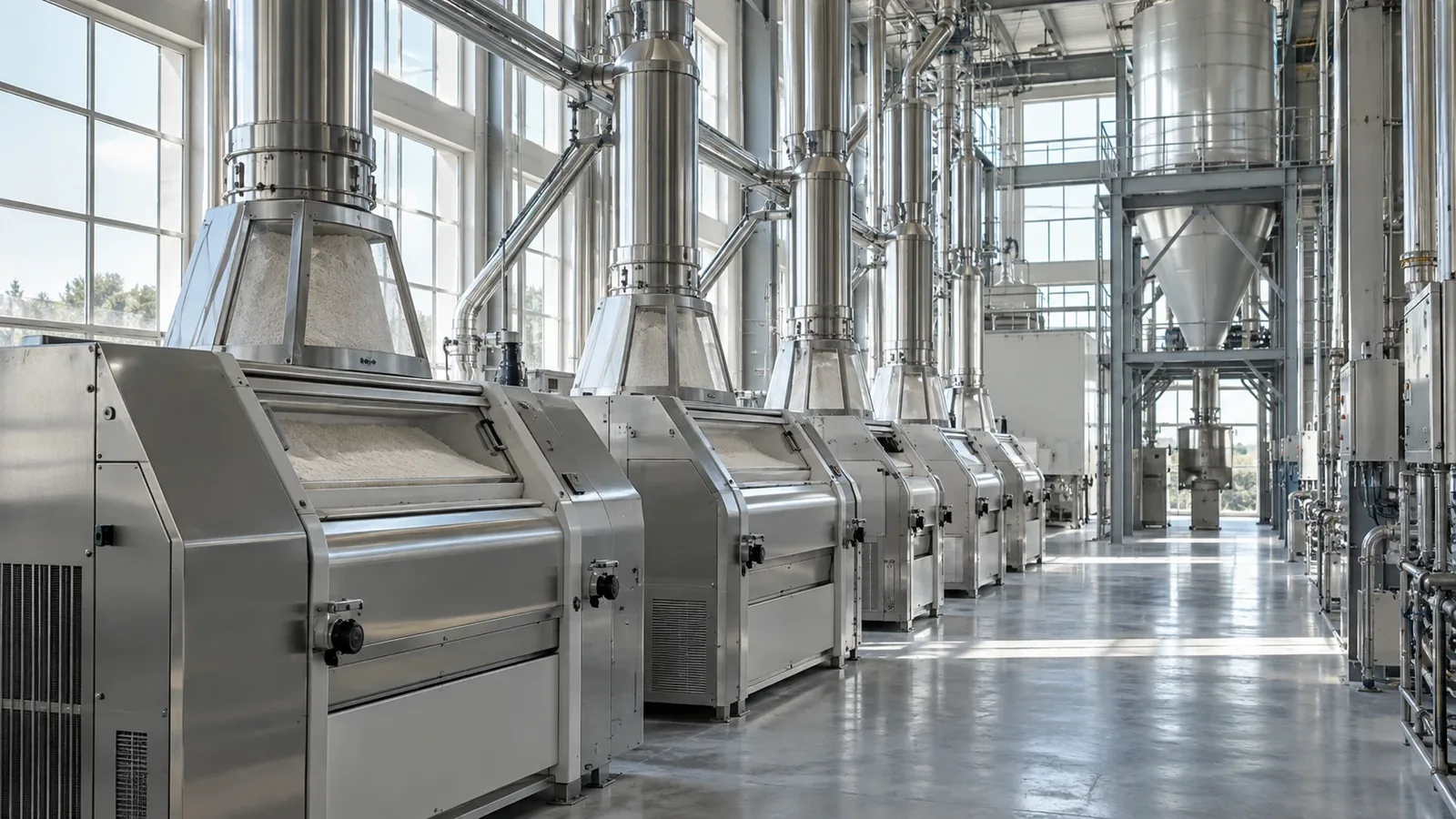 Stainless-steel processing equipment inside a grain facility