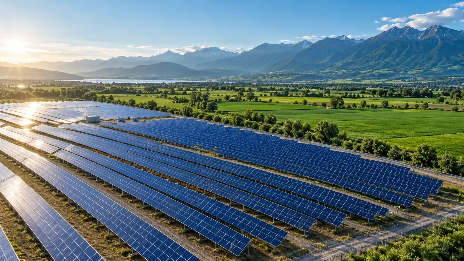 Solar panels and productive land with a mountain horizon