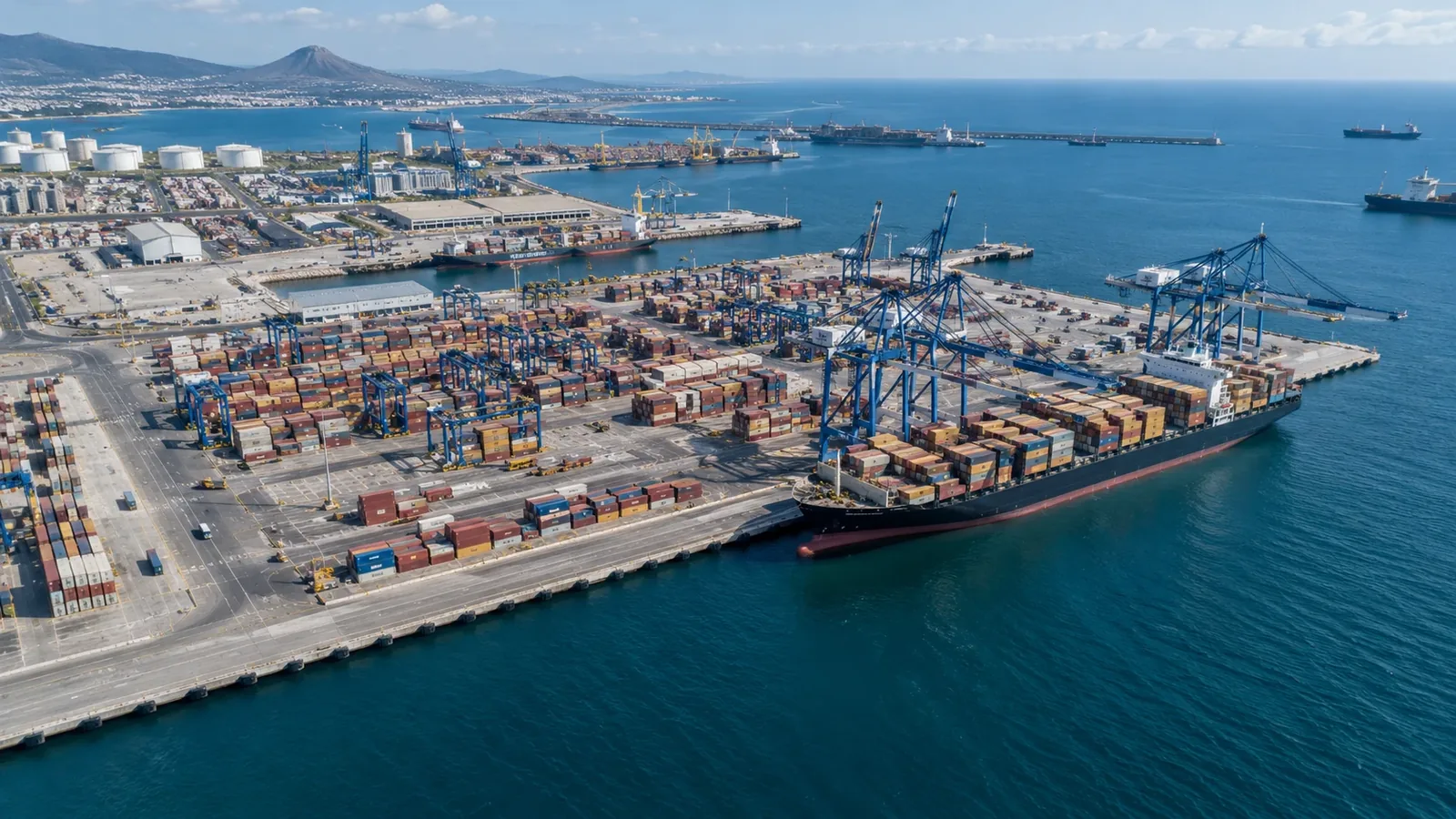 Container ship and port infrastructure viewed from above